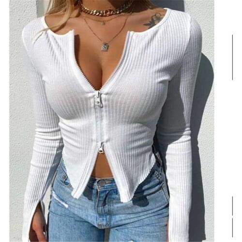 Women T-shirt Spring Autumn Clothes Ribbed Knitted Long Sleeve Crop Tops Zipper Design Tee Sexy Female Slim Black White Tops