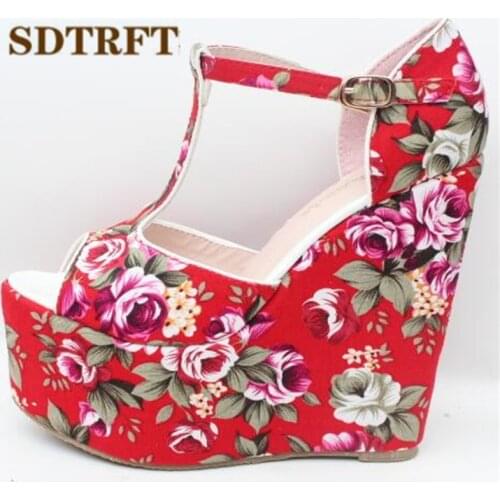 SDTRFT Stiletto Ladies 15cm wedges Sandals Platform shoes woman zapatos mujer Flowers T-strap Pumps Small Yards:30,31,32,33-43