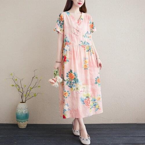 Lady Summer Outwear Dress Short Sleeve V -Neck Flower Print Soft Cotton Dresses Long Big Size Female Vestidos