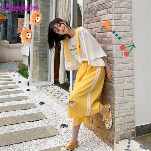 Harajuku Sailor Collar Sweet White T-Shirt Yellow Wide Leg Pants 2 Piece Set Women 2021 Spring Autumn Kawaii Fashion Casual2 Set