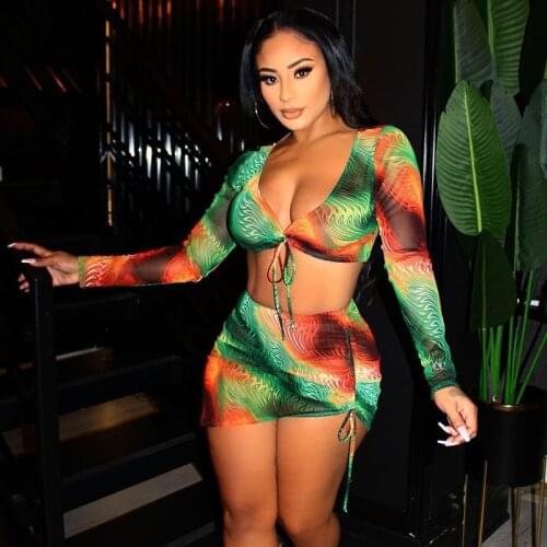 Tie Dye Beach Sexy Dress Women Two Piece Set Long Sleeve Crop Top And Mini Skirt Suit Bodycon Summer Vacation Outfits Dresses