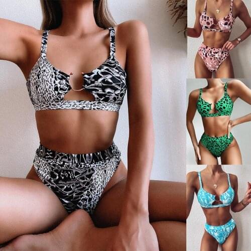 Women Sexy Padded Leopard Snake Print Bra Briefs Swimsuit Swimwear Bikini Set