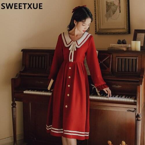 SWEETXUE Preppy Style 2021 Women Spring Fall Long Sleeve Peter Pan Collar Retro Dresses Female Kawaii Cute Fairy