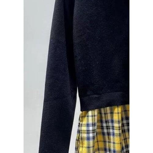 Women Dress 2021 Autumn Winter New Fund Grid False Two Long Sleeve Button Stitching Knit Dress