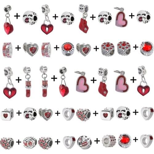 2Pcs/Lot 45 Styles High Quality Red Love Heart Charms Beads Fit Brand Bracelet For Women Romantic Valentines Day Jewelry Gift