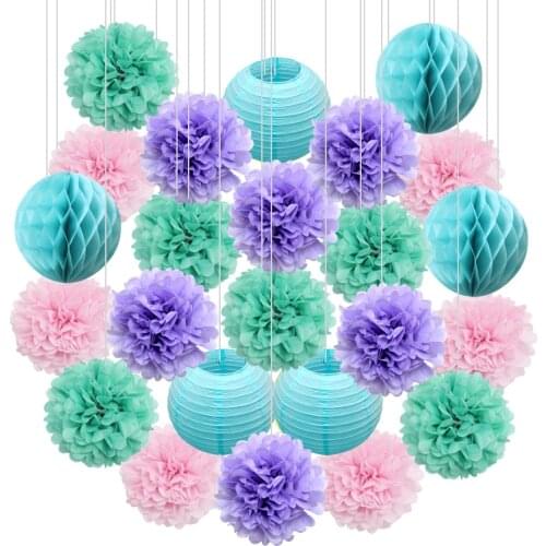 24pcs Blue Pink Set 6" 8" 10" 12" Round Paper Lantern For Baby Shower Wedding Party Decor Hanging Paper Pompoms Decoration
