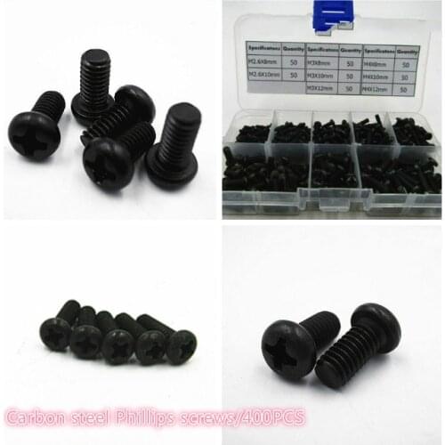 400PCS/Box Black Carbon Steel Phillips Pan Head Machine Screw Assortment Kit M2.6/M3/M4