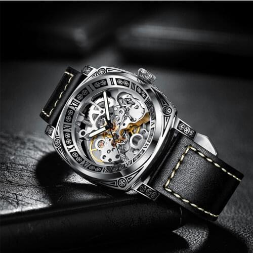 Fashion Hollow Mechanical Watch Mens Luxury Top Brand Carved Graphic Male Watch Waterproof Leather Clock 2021 NEW