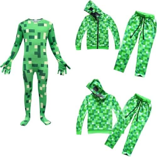 Kids Children Halloween Green Creeper Cosplay Costume Funny Cartoon Hoodie Sweatshirt Hot Game Print Jacket Outwear DJ Jumpsuit