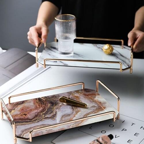 European Marble Pattern Tea Tray Glass Tea Cup Food Jewelry Cosmetic Storage Tray Modern Home Bedroom Rectangular Desktop Rack