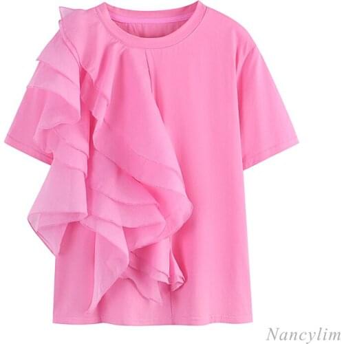 Mesh Ruffled Patch Pure Cotton Loose Short Sleeve T-shirt Femme 2021 Summer New Fashion Tops Tshirt Ropa Mujer Pink Blakc Grey