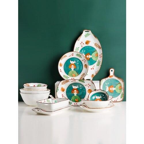 Kawashimaya Fairy Tale Japanese Cartoon Ceramic Tableware Set Dishes Cute Girl Tableware Chopsticks Decorative Dishes Set Home