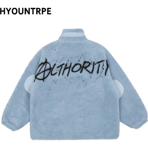 Mens Harajuku Graffiti Fleece Jackets and Coats Casual Stand Collar Hairy Zipper Outerwear Warm Streetwear Parkas Bomber Jacket