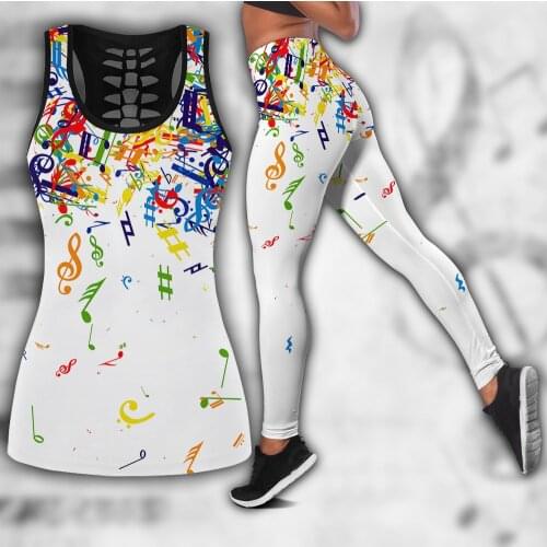 Yoga Set For Women Colorful Music Notes Combo Tank + Legging 3D Printed Hollow Tank top Sexy Retro Suit Fitness Soft Legging