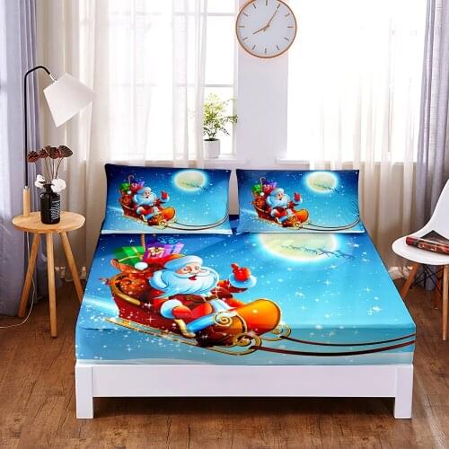 Christmas Sleigh Digital Printed 3pc Polyester Fitted Sheet Mattress Cover Four Corners with Elastic Band Bed Sheet Pillowcases