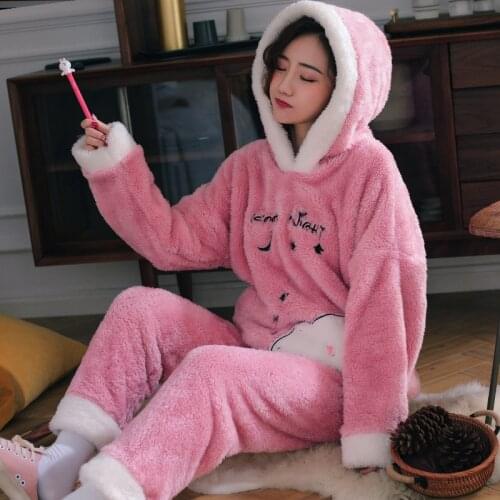 New 2 Pieces Women Winter Pajama Sets Cute Cartoon Long Sleeves Hooded Sleepwear Ladies Warm Pyjama Suit Home Clothes Nightie
