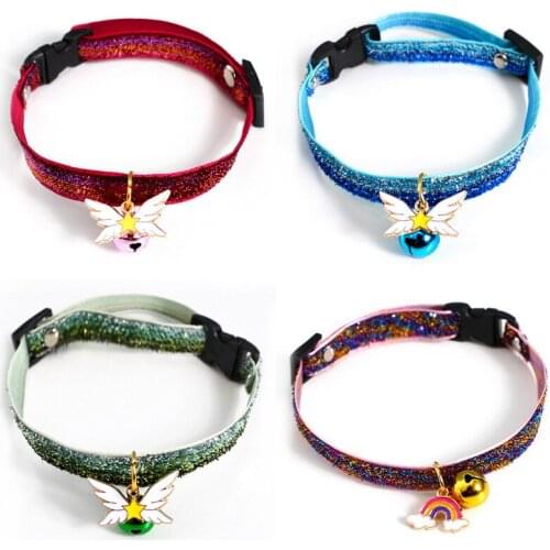 Pet Cat Collar with Bell Rainbow Wing Pendant Breakaway Adjustable Kitten Cat Sequin Collar Neck Strap Cat Accessories