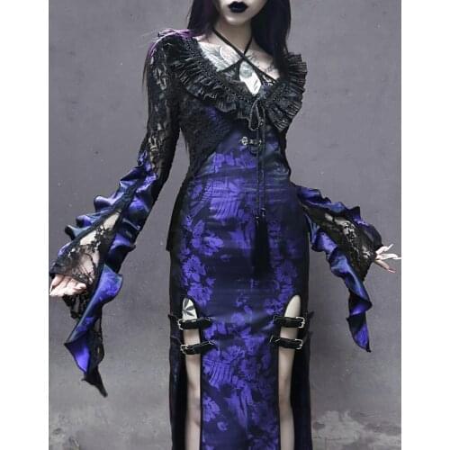 Original Design Gothic Black Lace Wrap Coat Long Flare Sleeve Tassels V Neck Asymmetric Short Open Stitch Summer