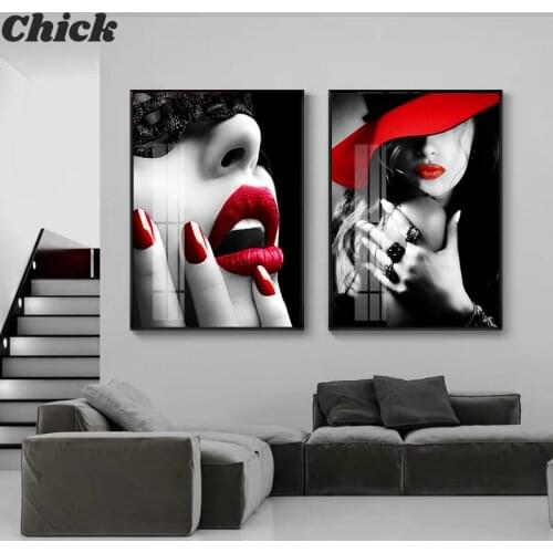 Posters Prints Modern Fashion Women Red Lips Nail Wall Art Sexy Lady Masked Canvas Painting Nordic Wall Pictures For Home Decor