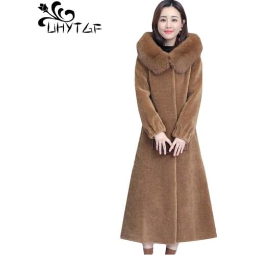 UHYTGF luxury sheep sheared winter fur coat woman fur collar hooded casual warm long fur coat plus size veste fourrure femme 333