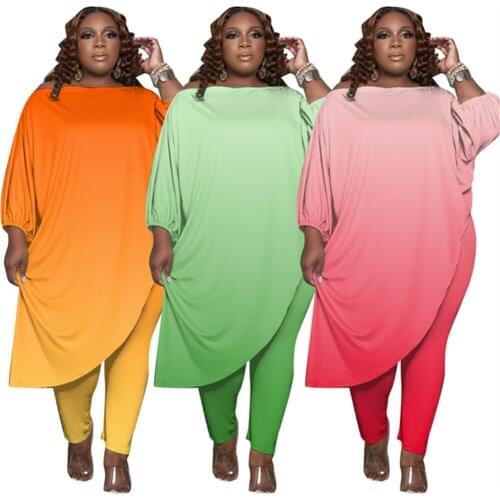 RStylish Casual Gradient Print Womens Skew Shoulder Irregular Tops Skinny Pants Plus Size Two Piece Set