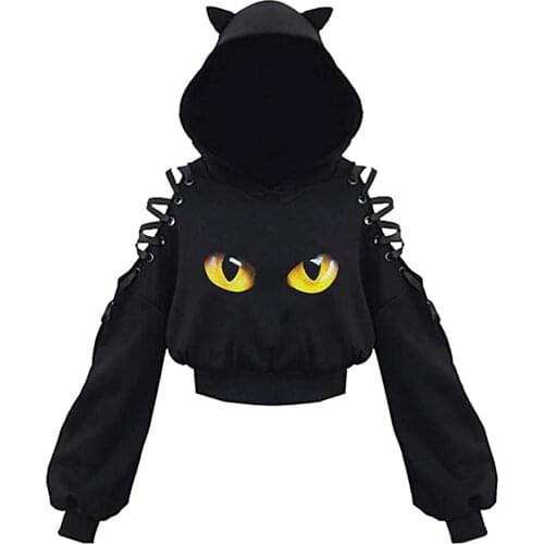 IMCUTE Gothic Black Cartoon Print Hooded Sweater Girl Cute Cat Ears Long Sleeve Hollow Strap Sweater Street Loose Short Pullover