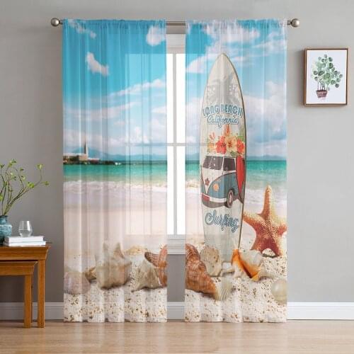 Surfboard Beach Starfish Shell Sheer Curtains for Living Room Bedroom Kitchen Tulle for Windows Voile Drapes Home Decoration
