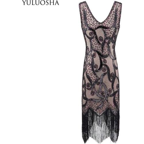 YULUOSHA Prom Dresses Sleeveless V-Neck Sequined Tassel A-Line Vestidos De Fiesta Largos Elegantes De Gala Luxury Prom Dress