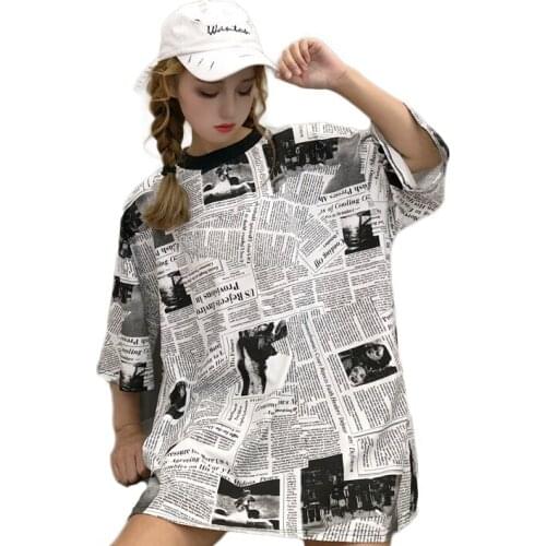 Summer Women T-shirt High Street Short Sleeve Tshirt Plus Size Tees Fashion Creative 3D Newspaper Print Harajuku Tops