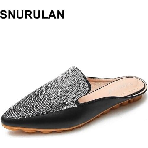 SNURULAN Womens Summer Fashion Water Drill Sequin Pointed Muller Shoes Lacquered Flat-bottomed Womens Sandal Slippers