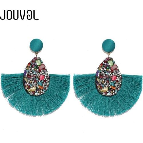 JOUVAL Tassel Earrings Crystal Female Statement Jewelry For Women Fashion Big Long Drop Dangle Fringe Earrings 8cm Length