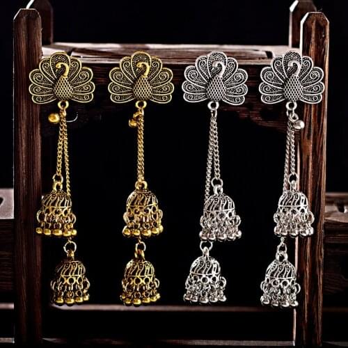 TopHanqi Women Bohemian Ethnic Birds Carved Big Bells Long Tassel Drop Jhumka Jhumki Earrings Indian Gypsy Jewelry Bijoux Mujer
