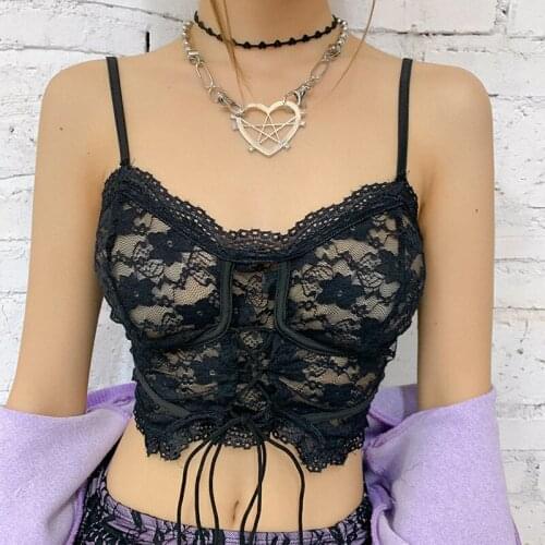 Womens Summer Lace See-through Vest Mesh Lace Up Chest Drawstring Crop Tops Sling Camisole for Female Nightclub Swimwear