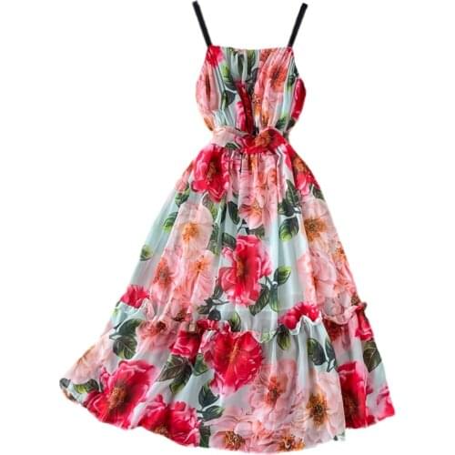 2021 New Summer Women Sexy Square Collar Strap Dress High Quality Sweet Rose Flowers Print Big Hem Chiffon Long Dress