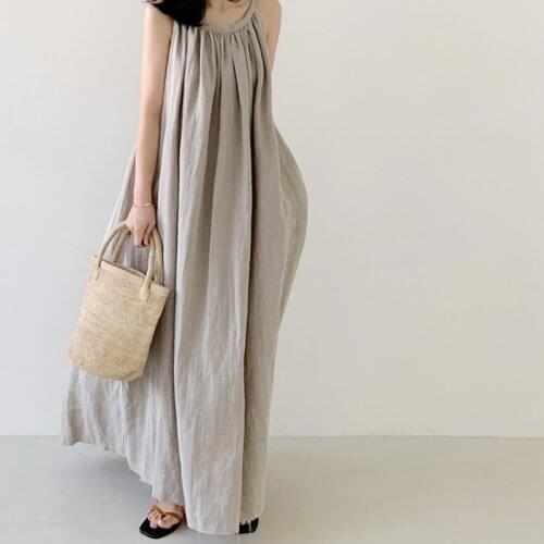 Johnature Summer New Vintage Sleeveless Spaghetti Strap Women Dresses 2021 Simple Loose Solid Color O-neck Dress