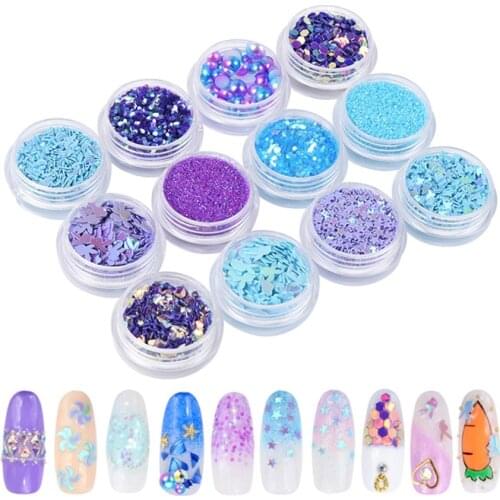12Pcs/Set Purple Pink Blue Colorful Nail Glitters Set Holographics Nail Powder Flake Nail Art Sequins DIY Makeup Decoration