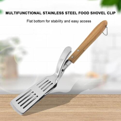 2-in-1 Hollow-out Stainless Steel Wood Handle Food Clip Barbecue Tongs Bread Fried Steak Clamp Spatula Kitchen BBQ Tool