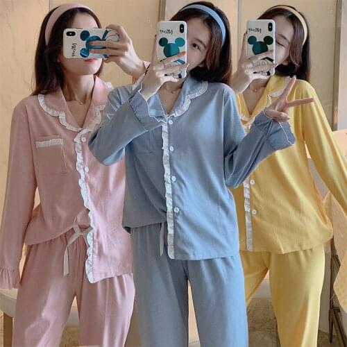 2021 Spring Autumn Long Sleeve Korean Cute Lace Cotton Pajama Sets for Women Sleepwear Pyjama Homewear Pijama Mujer Home Clothes