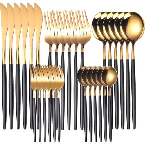 30pcs Gold Dinnerware Set Stainless Steel Steak Knife Fork Coffee Spoon Teaspoon Dishwasher Safe Cutlery Set Home Tableware Set