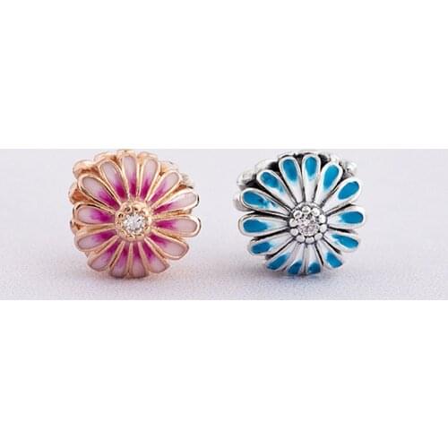 Authentic S925 Charm Flower Daisy Bead fit Lady Bracelet Bangle DIY Jewelry Red Blue Enamel