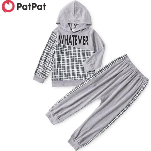 PatPat 2-piece Kid Boy Letter Print Plaid Hoodie Sweatshirt and Elasticized Pants Gray Set
