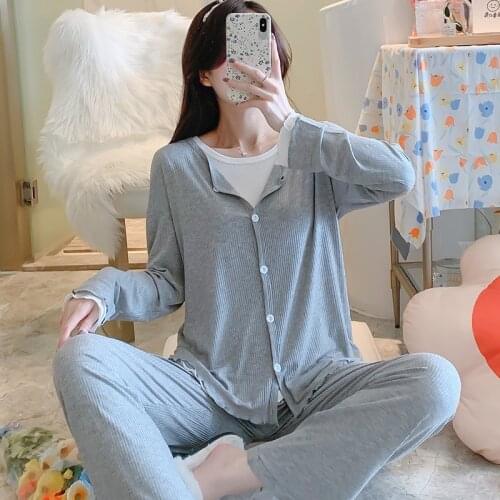 Fdfklak 2Pcs/Set Pregnancy Maternity Pajamas Sleepwear Nursing Pregnant Pajamas 2021 Autumn New Breastfeeding Home Clothes