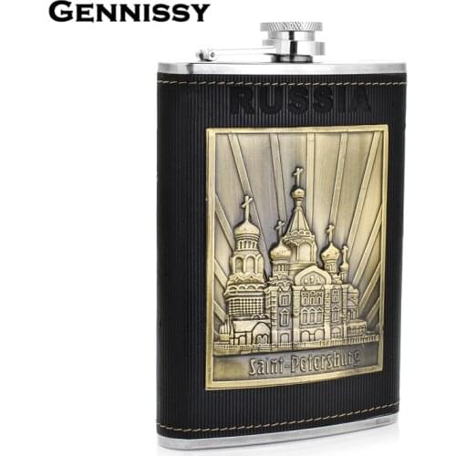 GENNISSY Saint-Petersburg Pattern Printed Whiskey Flask Black Leather Packed 9 oz Stainless Steel Hip Flask Portable Drink Flask