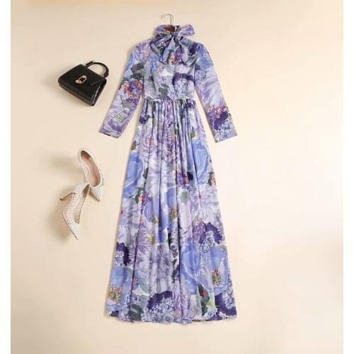 And American womens European wear 2021 summer new style Floral print Long sleeve scarf neck Fashionable long dresses