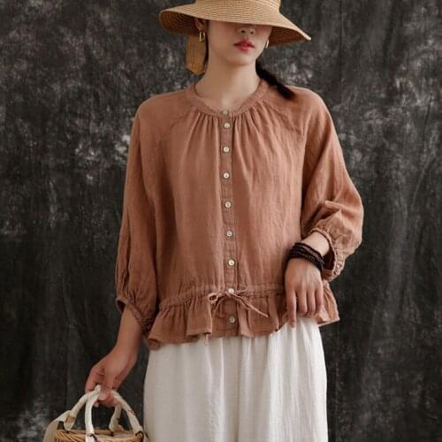 Johnature Blouses With Tie