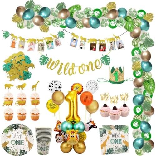 Jungle Animal Balloon Cupcake Toppers Paper Bag Disposable Tableware Wild One Banner Kid 1st Birthday Party Baby Shower Supplies