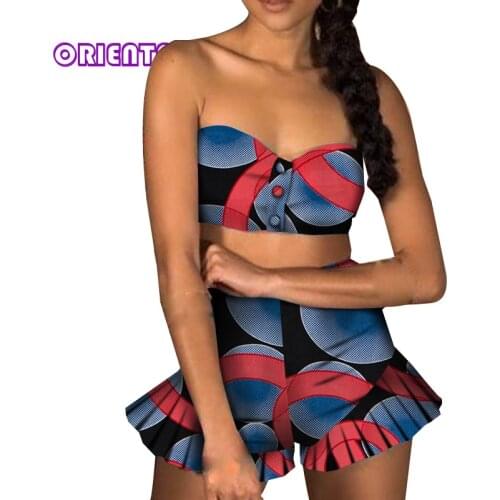 Summer Women African Clothes 2 Pieces Set African Wax Print Off Shoulder Crop Tops and Short Pants African Pants Set WY7491