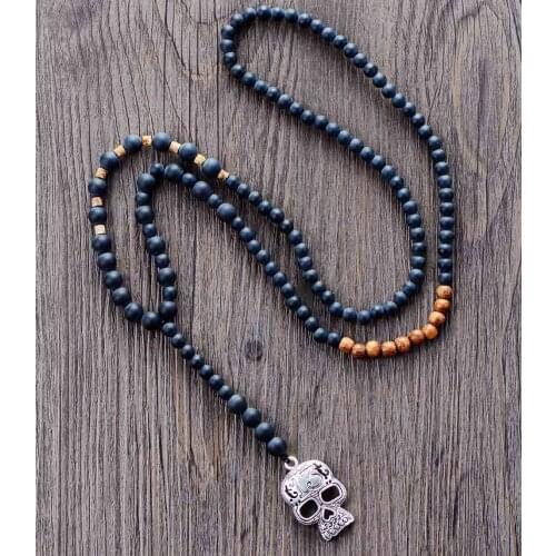 Men Gothic Necklace Matte Black Onyx Wood Skull Pendant Mens Rosary Necklace Beaded Mens Steampunk Jewelry Dropshipping