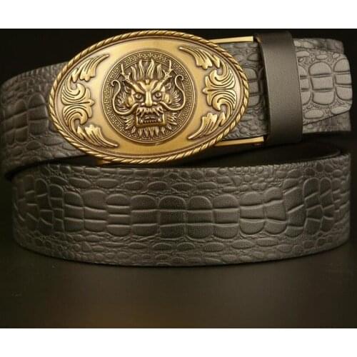 Men Chinese style Dragon Head Automatic Buckle Cowskin Genuine Leather Crocodile Grain Alligator Belt Jeans Waistband BCD045