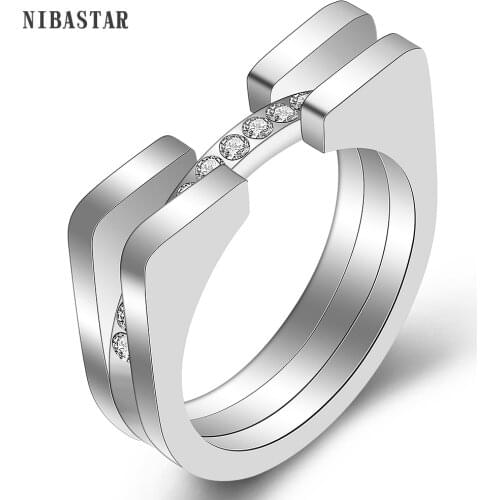 NIBASTAR Shiny Crystal Ring For Woman Stainless Steel Fashion Romantic Wedding Ring Geometry Brand Jewelry Gift